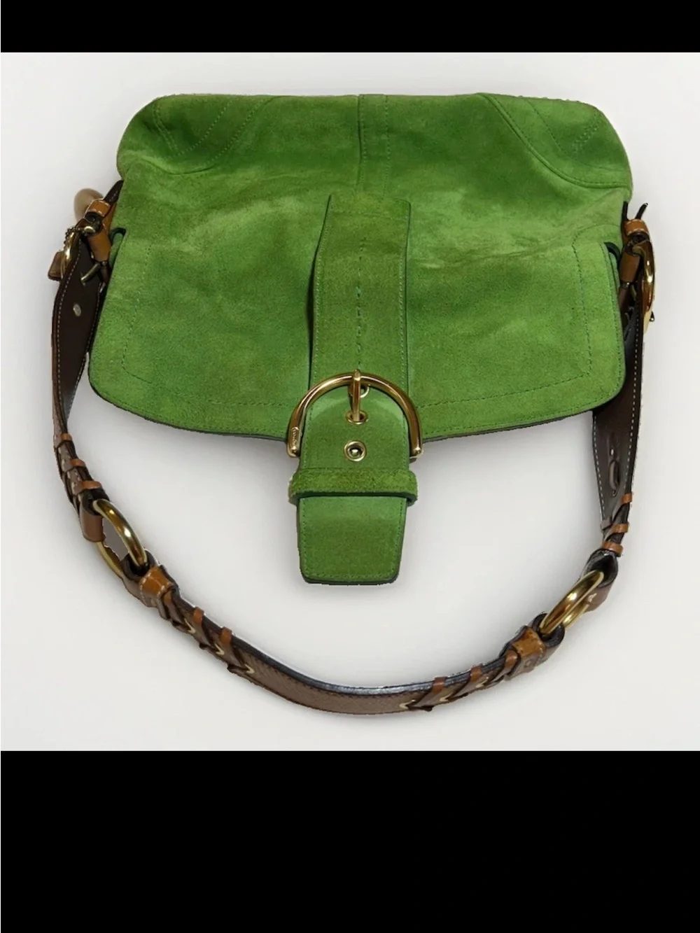 Coach Soho Flap Shoulder Bag, Green Split Suede, Brown Corset Laced Strap 2004